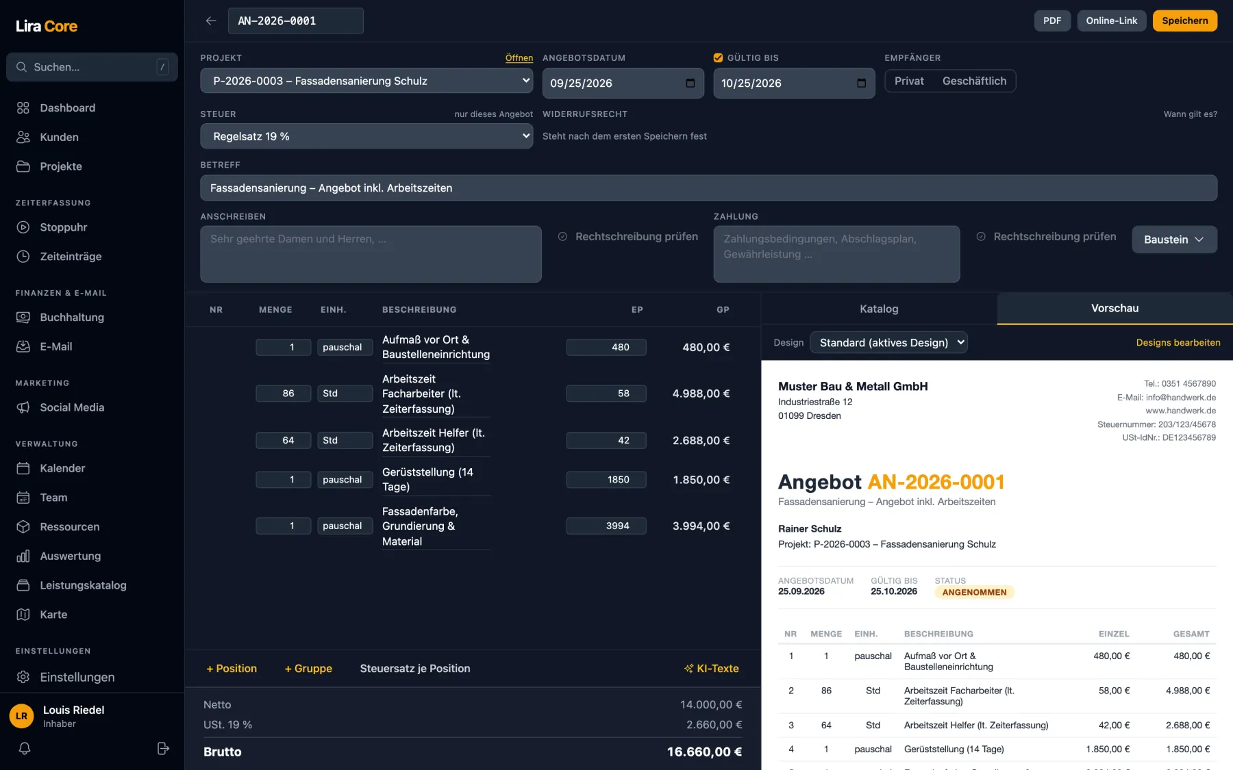 Angebotseditor in LiraCore Management mit Live-Vorschau des PDF-Angebots