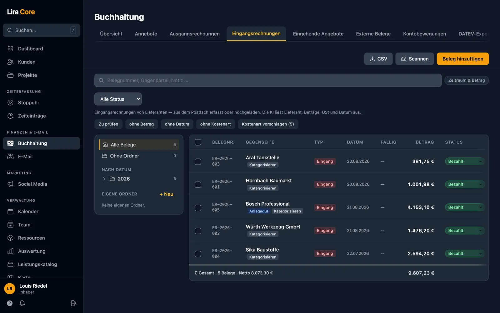 Eingangsrechnungen und Belege in der Buchhaltung mit Status