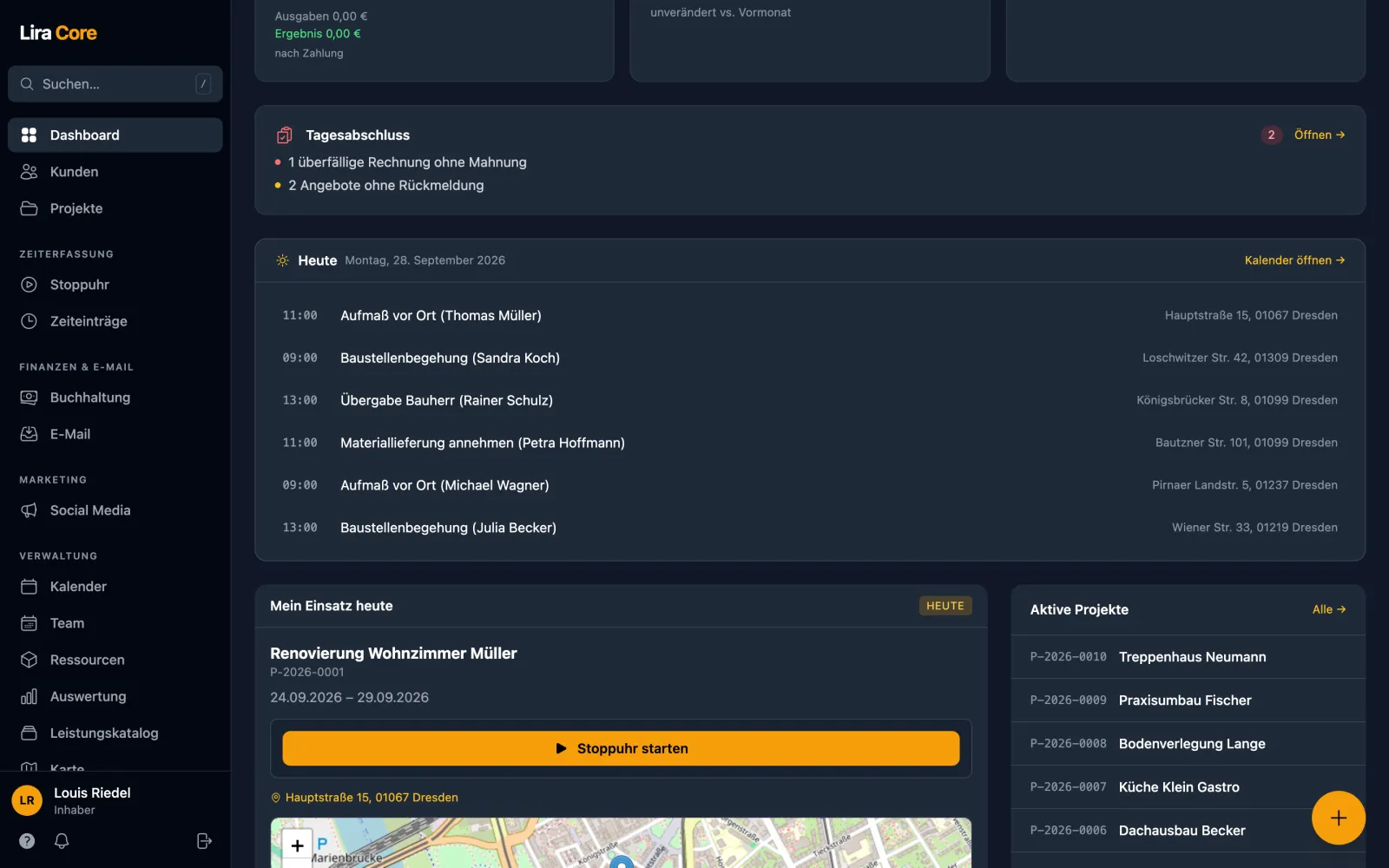 Dashboard „Heute“ in LiraCore Management mit Tagesabschluss, heutigen Terminen und dem aktuellen Einsatz auf der Karte