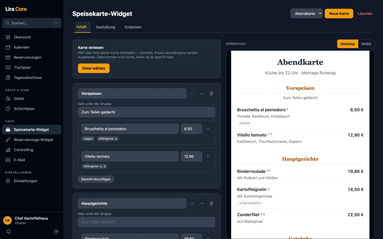 Speisekarte bearbeiten und als Widget auf der eigenen Website einbinden