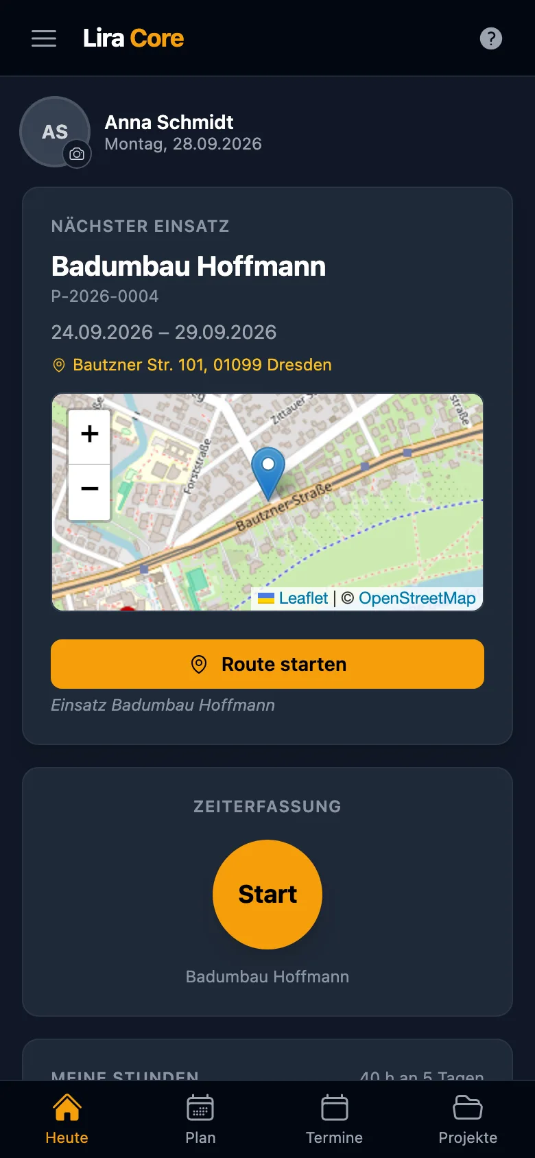Mitarbeiter-Ansicht auf dem Handy mit nächstem Einsatz, Karte und Route