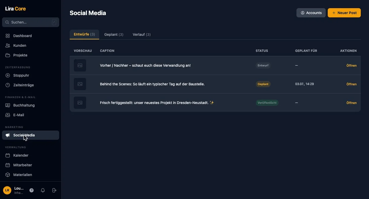 Social-Media-Planung mit KI-Captions in LiraCore Management