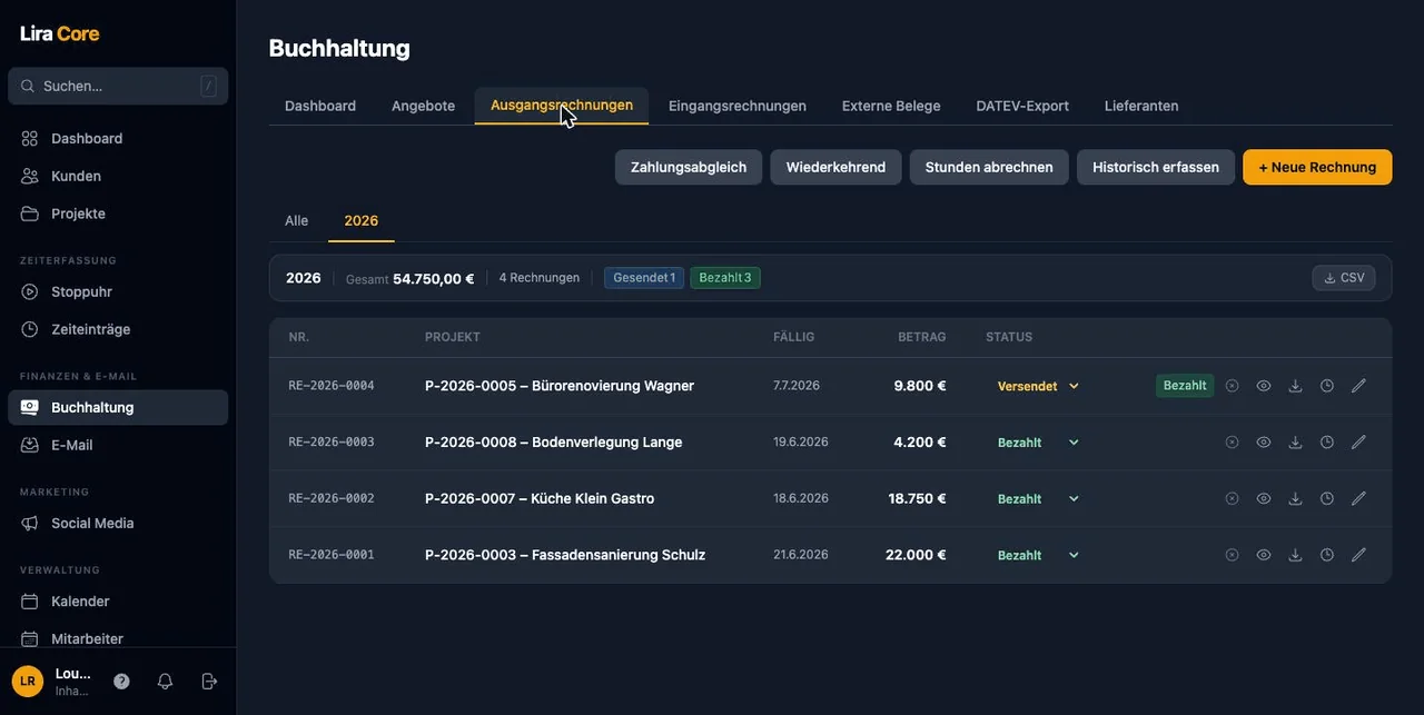 Buchhaltung mit GoBD-Übersicht und Ausgangsrechnungen in LiraCore Management