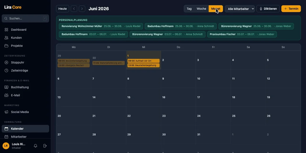 Team-Kalender in Wochen- und Monatsansicht in LiraCore Management