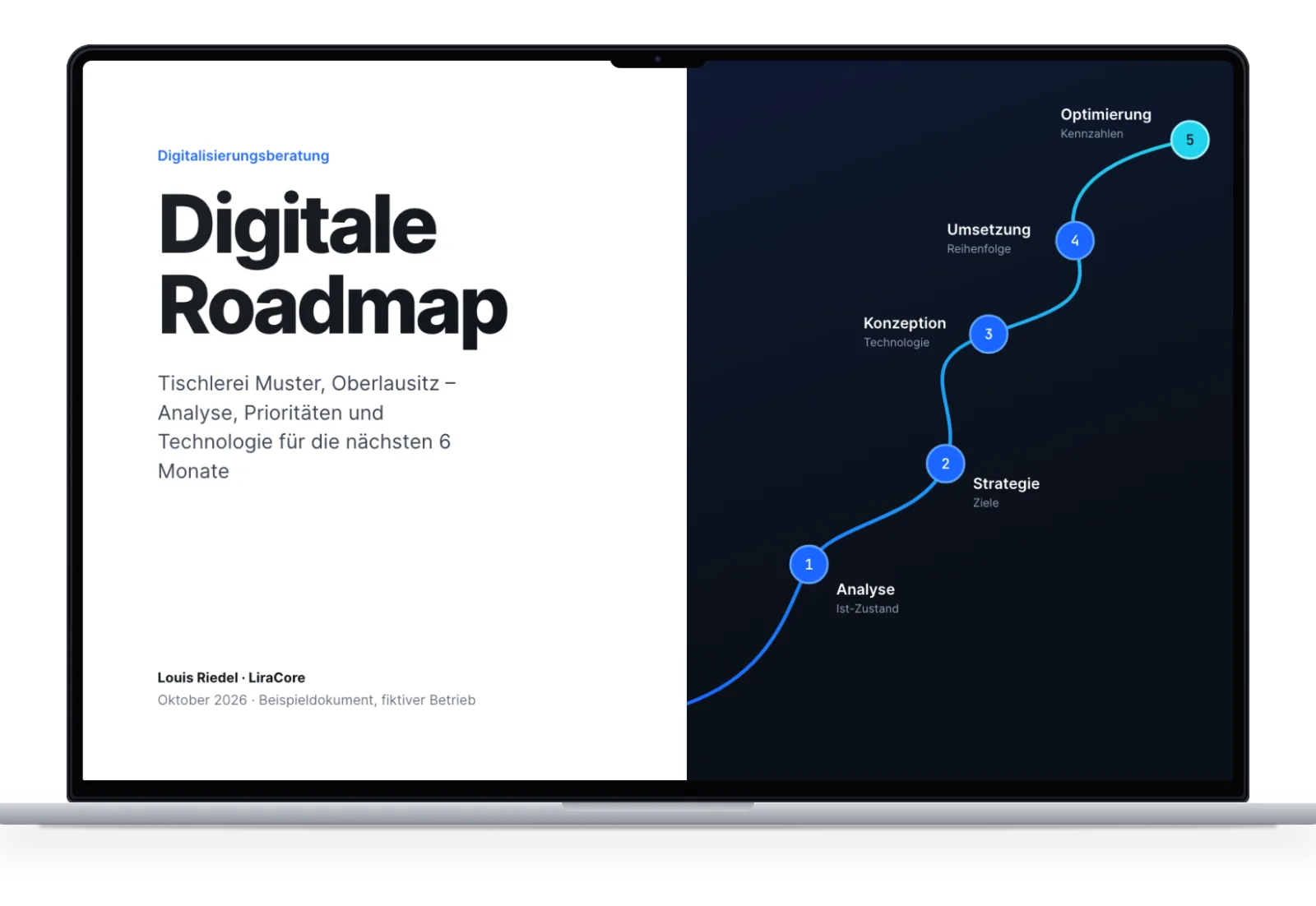 Laptop mit dem Deckblatt einer Digitalen Roadmap für einen Beispielbetrieb