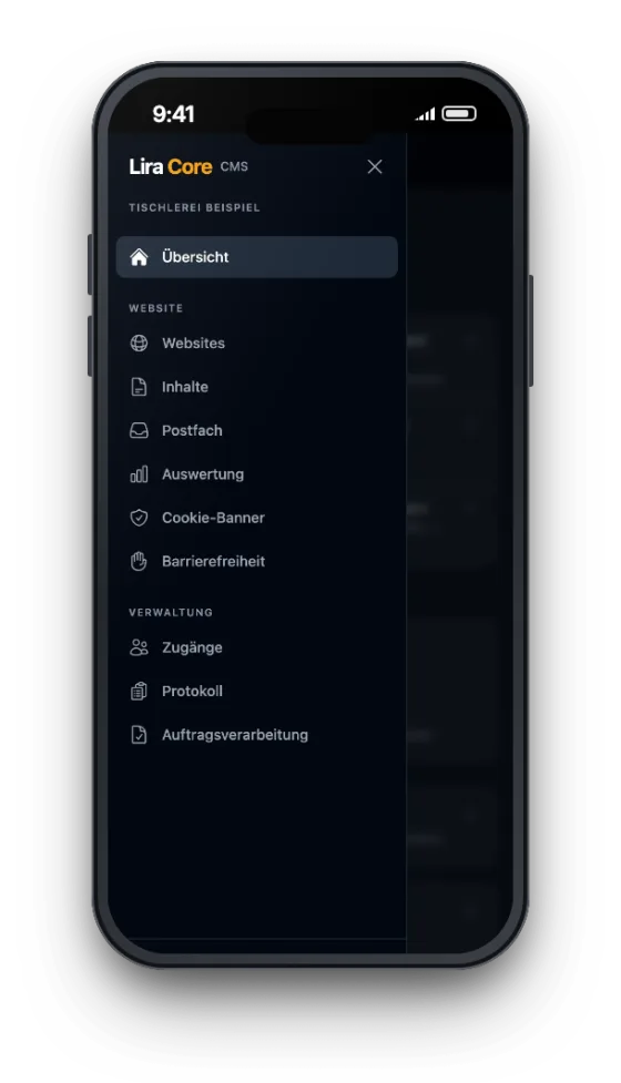 Menü des LiraCore CMS auf dem Handy mit Websites, Inhalten, Postfach, Auswertung, Cookie-Banner und Barrierefreiheit