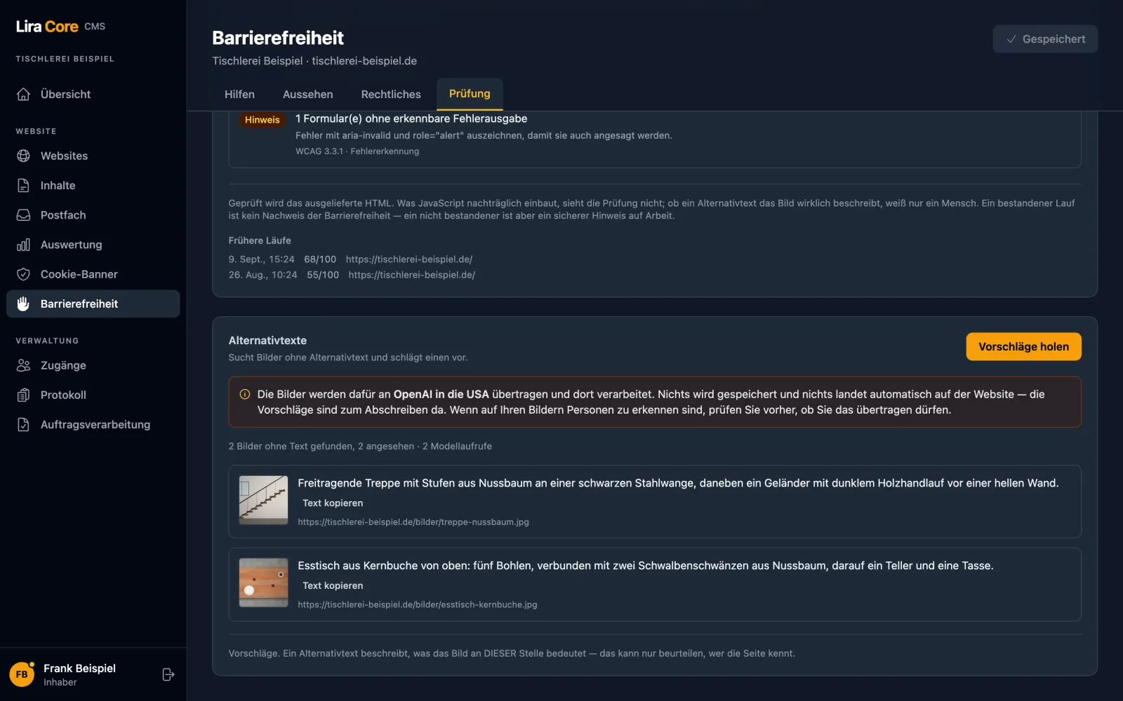KI-Vorschläge für fehlende Alternativtexte mit Hinweis auf die Übertragung und Knopf zum Kopieren