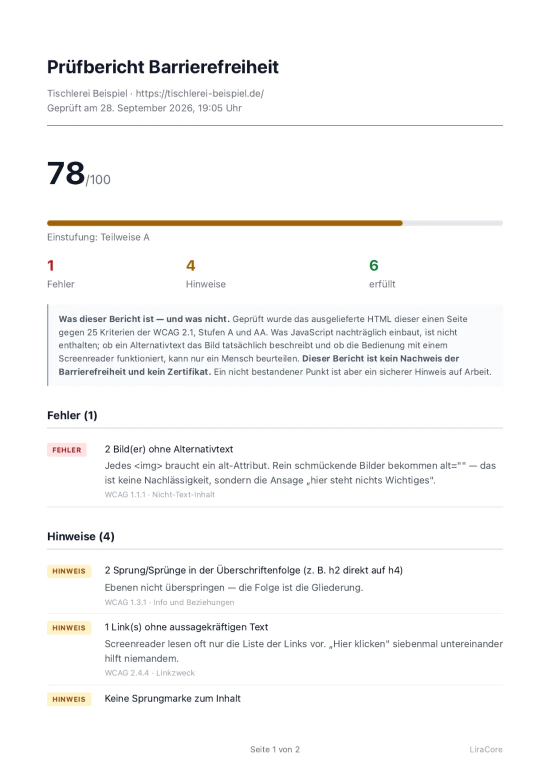 Erste Seite des PDF-Prüfberichts zur Barrierefreiheit mit Punktzahl, Einstufung und Befunden