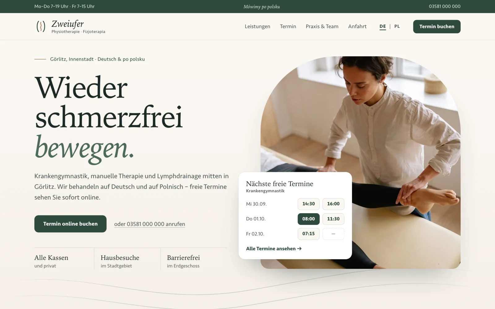 Beispielentwurf: Startseite einer Physiotherapie-Praxis in Görlitz mit Sprachumschalter Deutsch/Polnisch und freien Online-Terminen