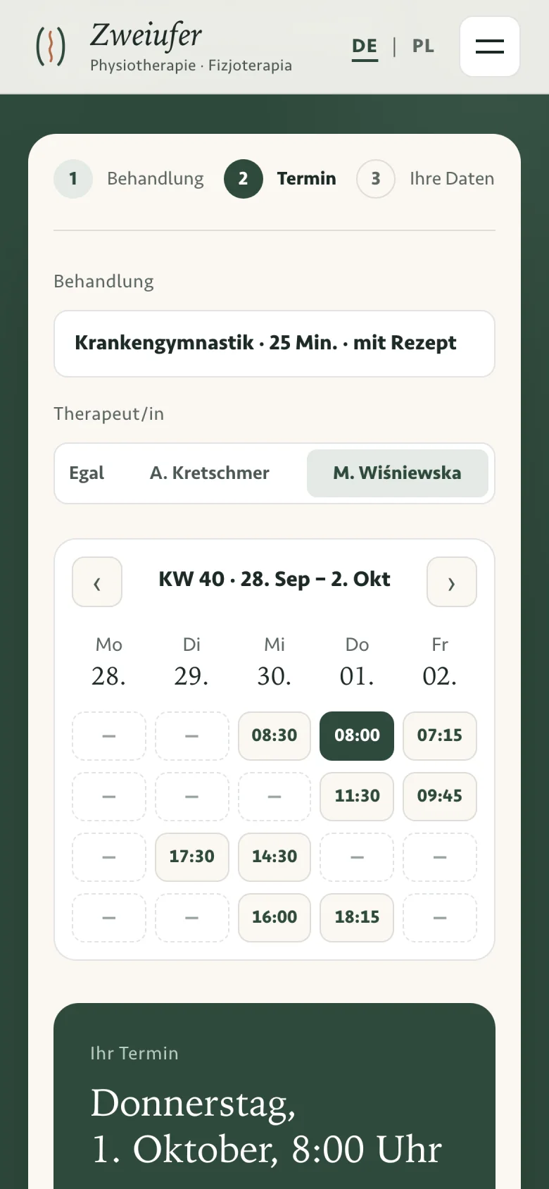 Beispielentwurf: Terminbuchung der Physiotherapie-Praxis auf dem Smartphone
