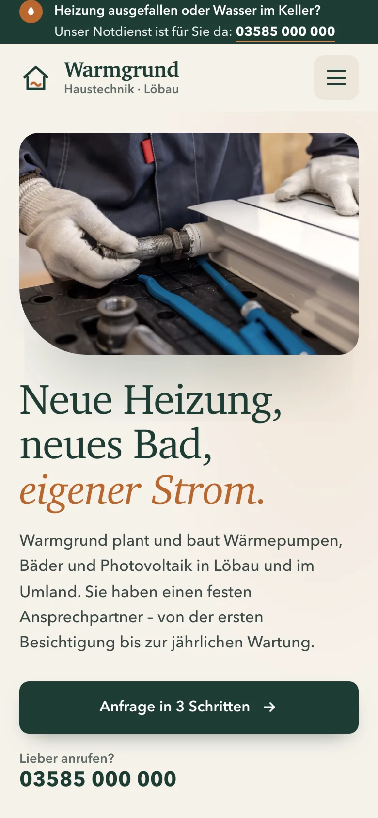 Beispielentwurf: Website eines Haustechnik-Betriebs auf dem Smartphone, Startbildschirm