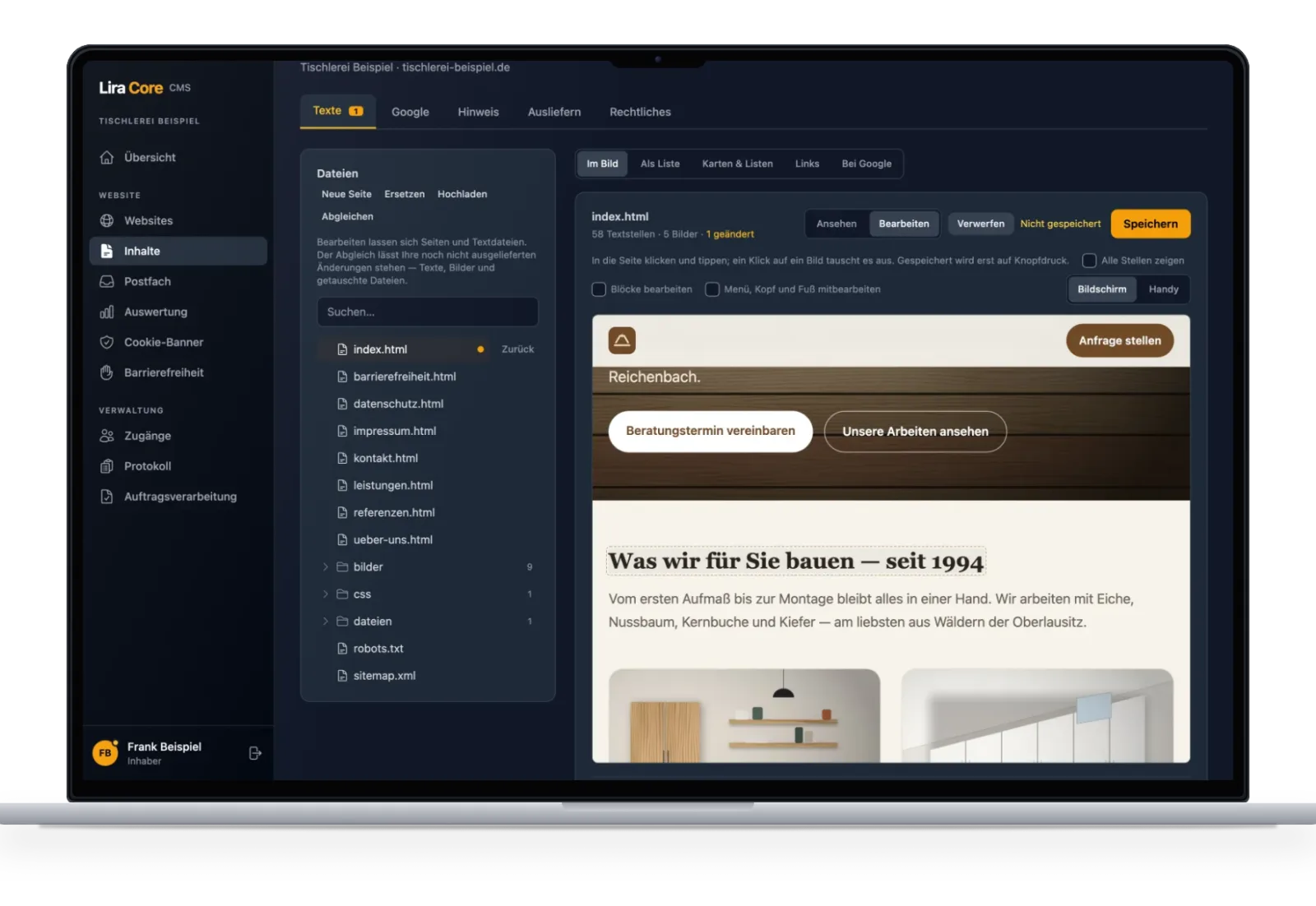 Visueller Editor im LiraCore CMS auf einem Laptop: Die Überschrift einer Tischlerei-Website wurde direkt auf der Seite geändert und ist zum Speichern markiert