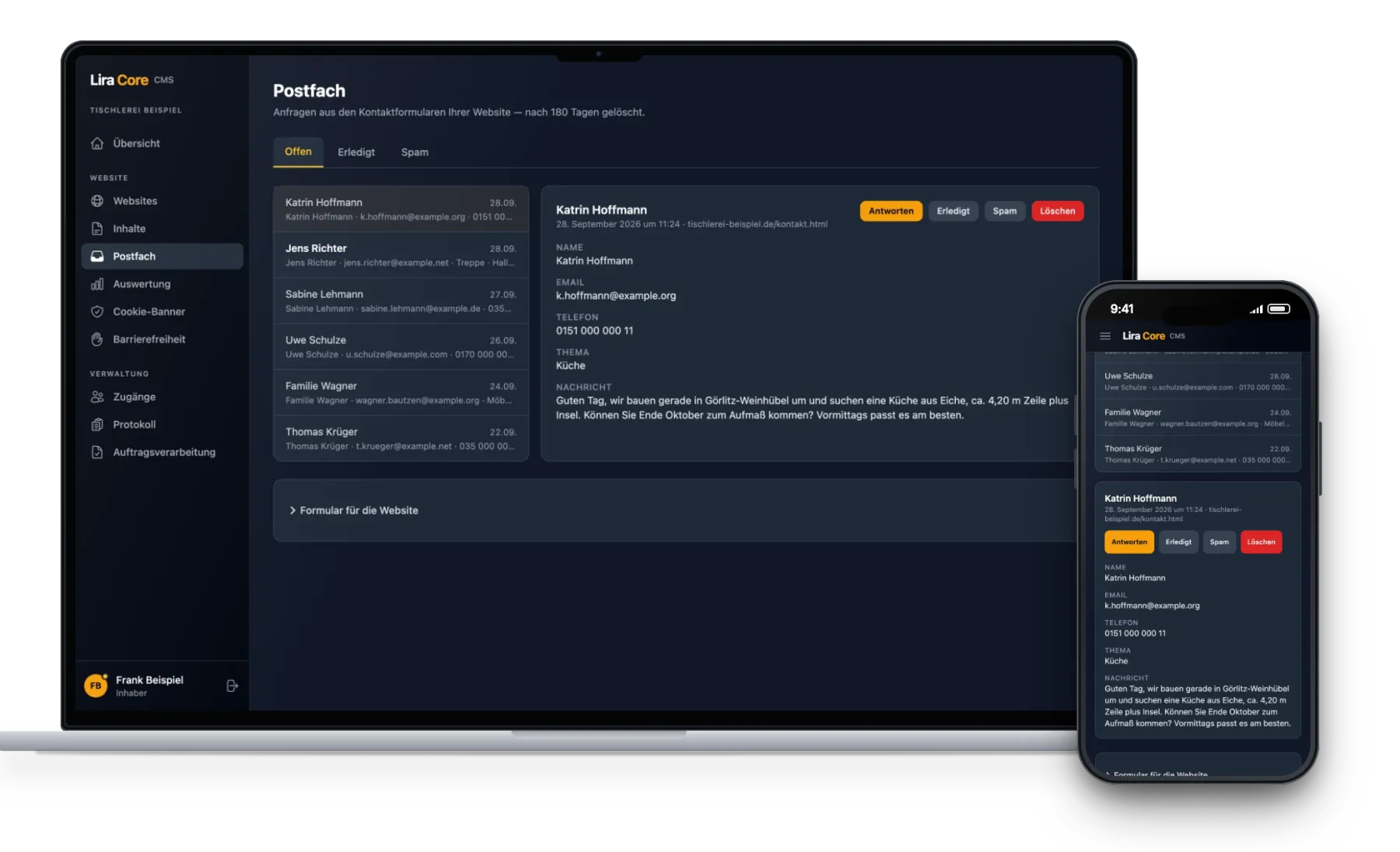 Postfach im LiraCore CMS auf Laptop und Handy: Liste der Kontaktanfragen und eine geöffnete Anfrage