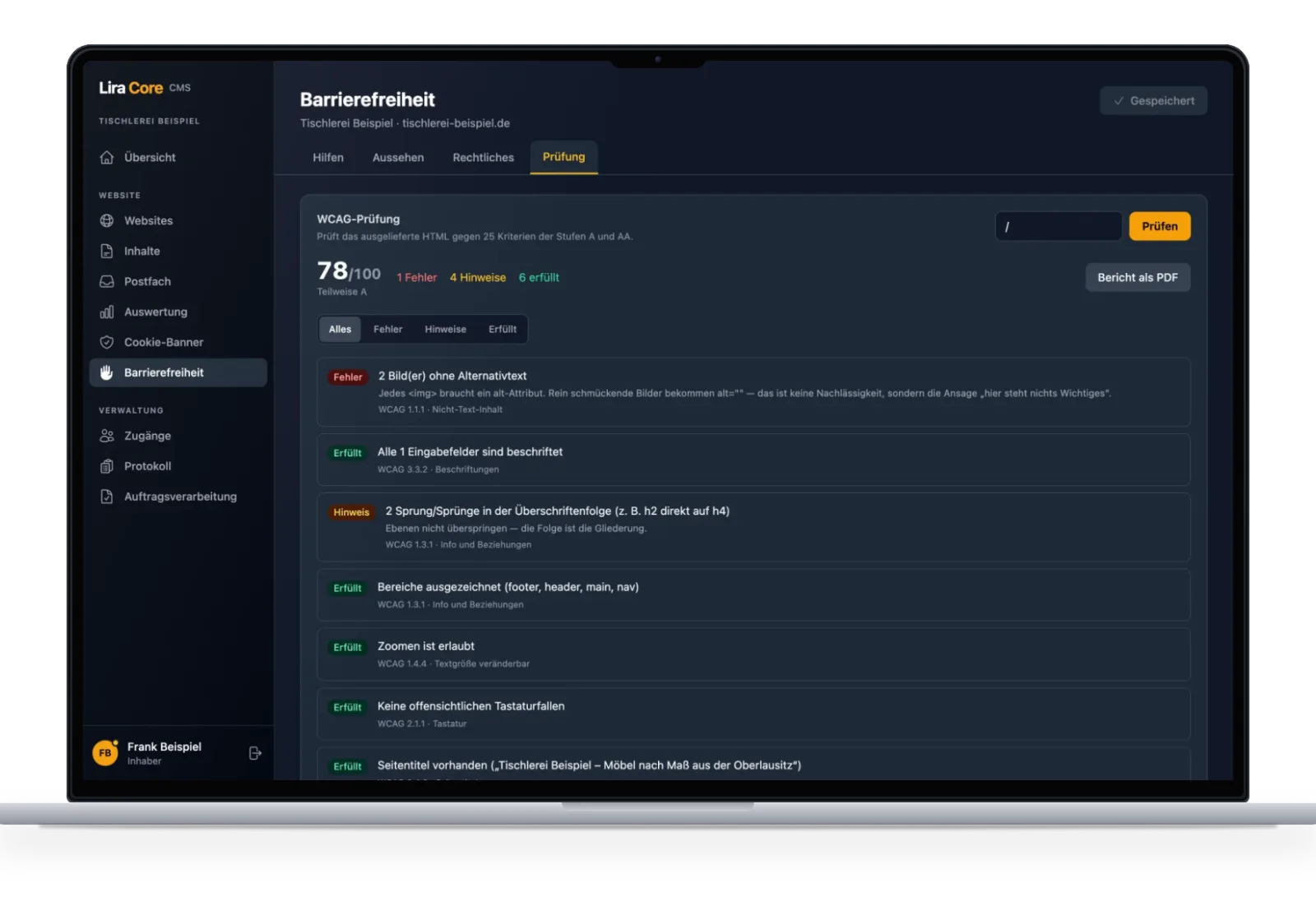 WCAG-Prüfung im LiraCore CMS: 78 von 100 Punkten, Befunde nach Fehlern, Hinweisen und erfüllten Kriterien