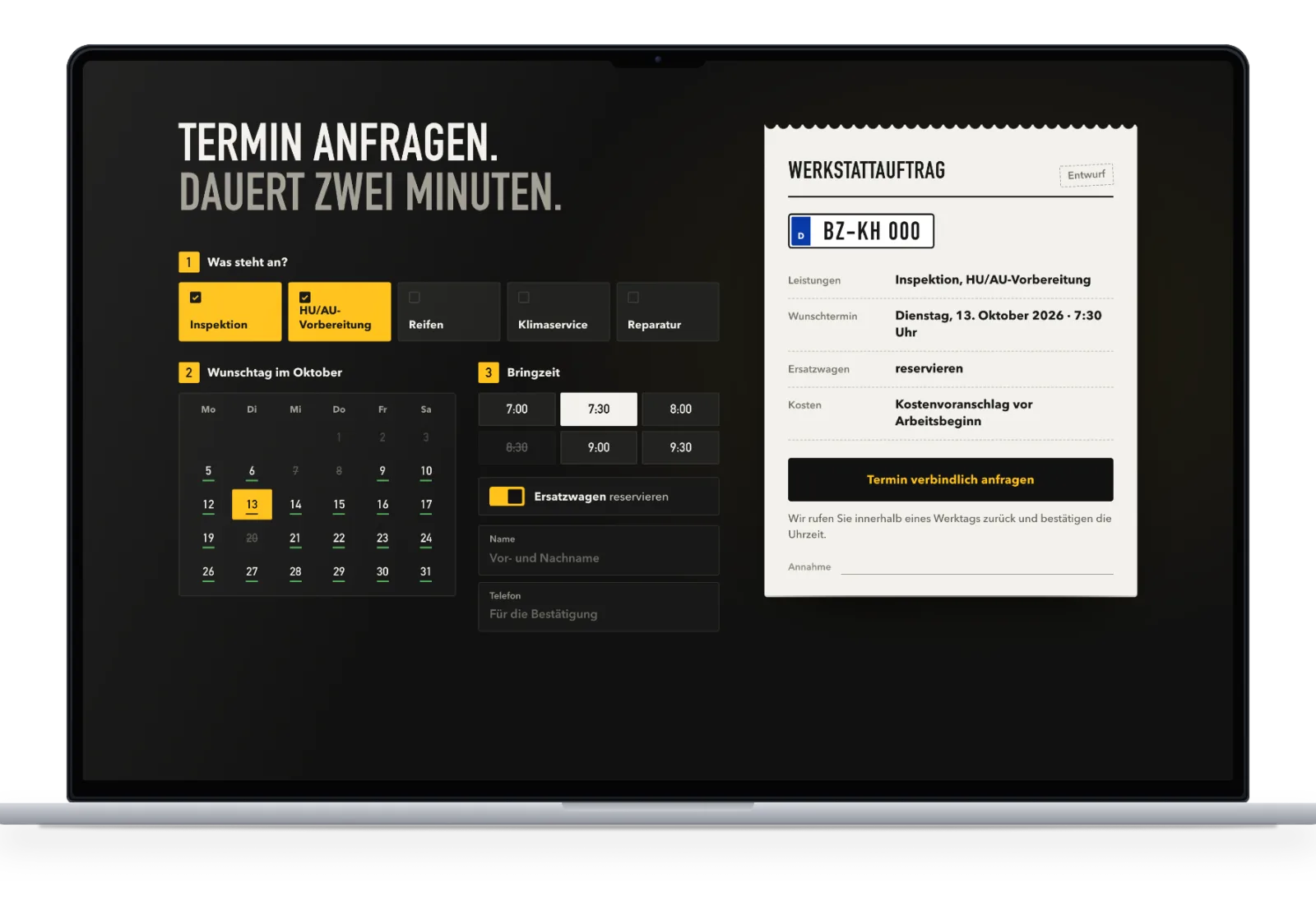 Beispielentwurf: Terminanfrage der Kfz-Werkstatt auf dem Laptop