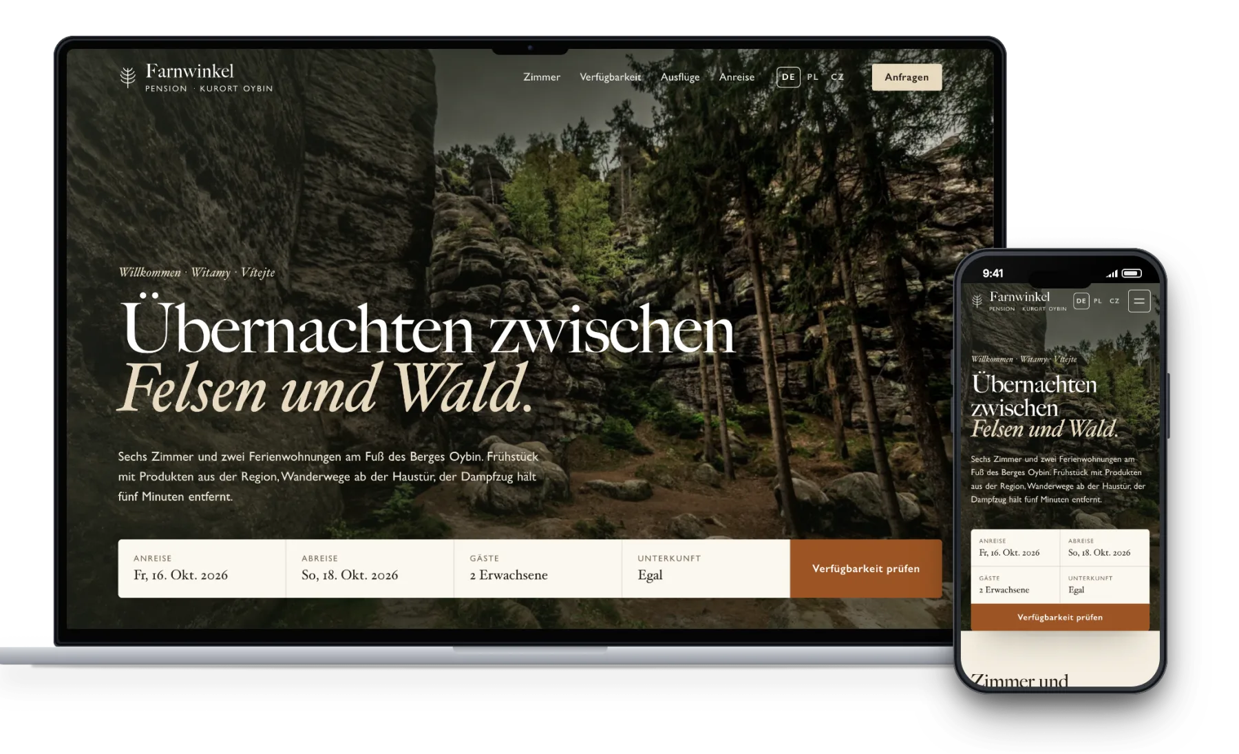 Beispielentwurf: Website einer dreisprachigen Pension in Oybin auf Laptop und Smartphone