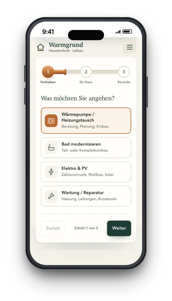 Beispielentwurf: Anfrage für Heizung, Bad oder PV auf dem Smartphone starten