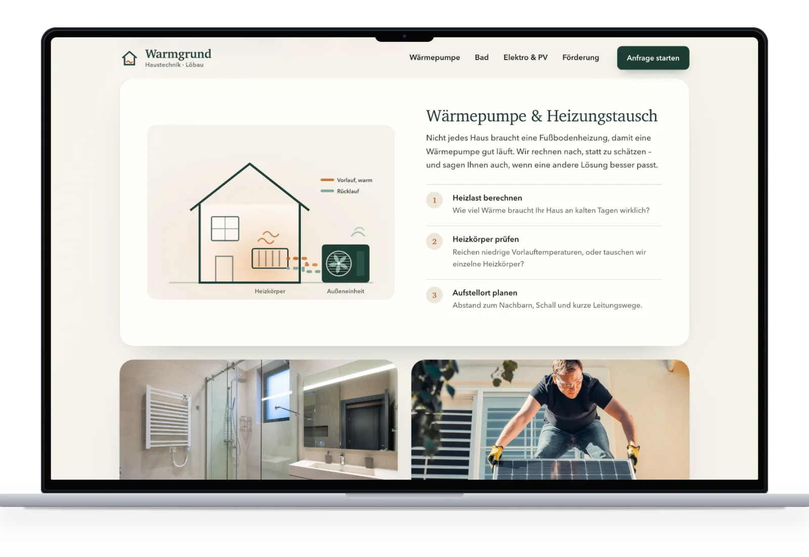 Beispielentwurf: Leistungen Wärmepumpe, Bad und Elektro auf dem Laptop
