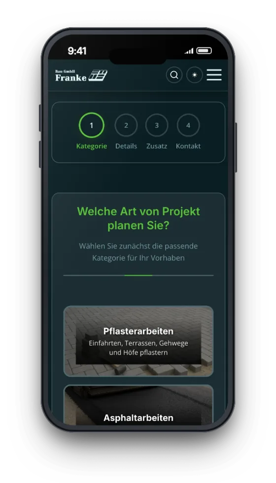 Angebots-Tool der Bau GmbH Franke auf dem Handy: Schritt 1 von 4, Auswahl der Projektart wie Pflaster- oder Asphaltarbeiten