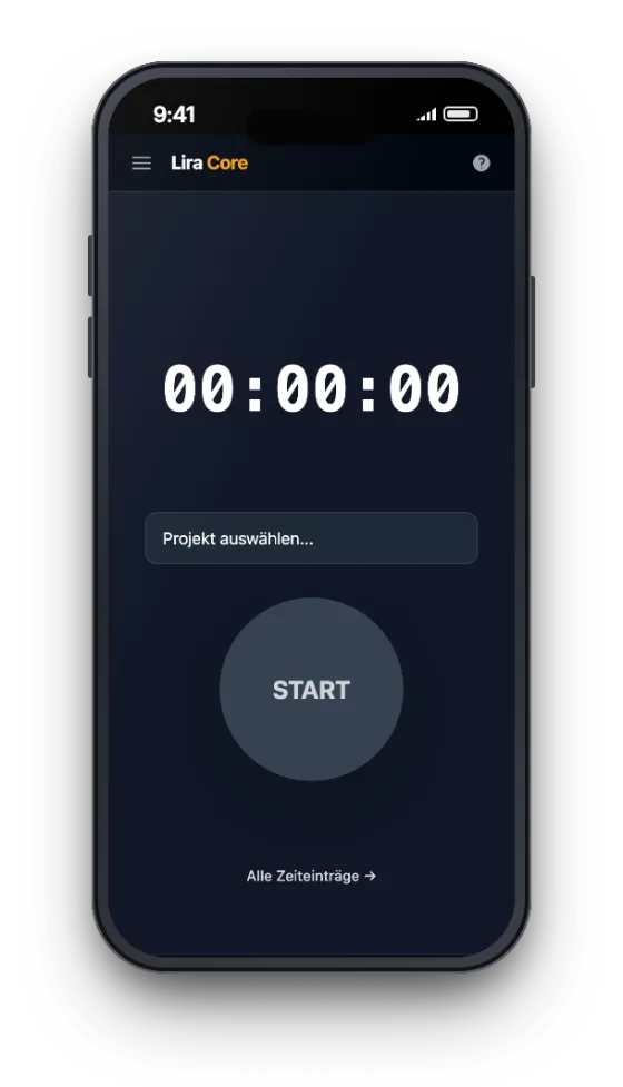 LiraCore Management auf dem Handy: Zeiterfassung per Stoppuhr mit Projektauswahl und Start-Knopf
